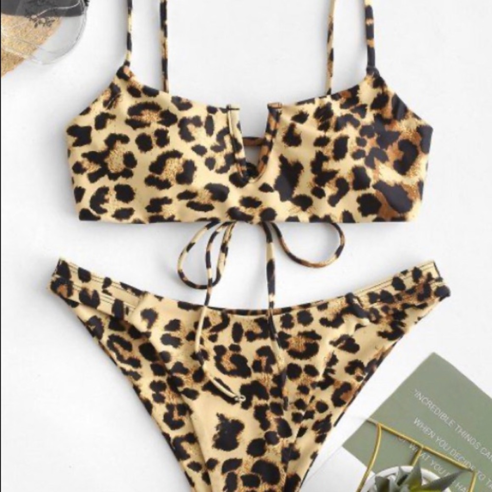 Zaful Leopard Print Bikini Set - Gold, Black, Brown